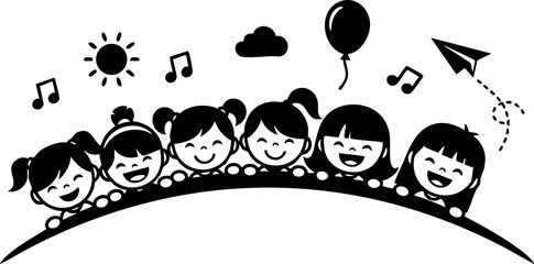 Happy children playing with balloon paper plane and music notes cheerful kids vector design