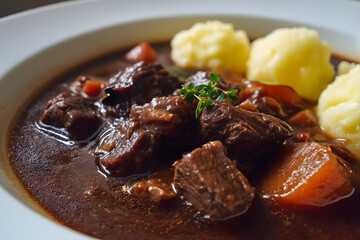 Close-up Eye Level Shot of a Bowl of Hachee with Mashed Potatoes and Herbs Garnish
