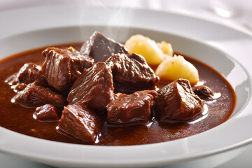 Close-Up Eye-Level Shot of Hachee in a Bowl with Tender Meat and Potatoes on a Elegant Table Setting