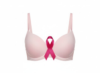 Pink bra with a pink ribbon on the front isolated on white background