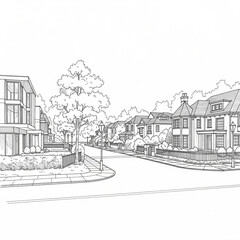 Fototapeta premium Ink line illustration of a quiet suburban street, featuring diverse residential houses, trees, and classic streetlights, depicting a tranquil neighborhood layout