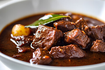 Close-Up Eye-Level Shot of Savory Beef Stew in a White Bowl with Aromatic Herbs and Spices
