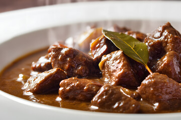 Close up eye level shot of steaming bowl of Hachee beef stew with herbs and rich broth