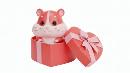 3D Cartoon Hamster Character Sitting Inside a Heart-Shaped Gift Box, Smooth Plastic Texture, Soft Pastel Red Pink Colors Isolated