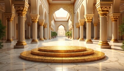 Ornate golden podium stands in a sunlit Indian palace courtyard. Elegant columns and arches create a regal backdrop for luxury events or fine dining experiences.