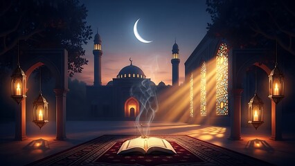 Sacred book illuminated by moonlight in front of a mosque at dusk, evoking spiritual reflection and peace.