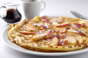 Large Thin Crepe with Apples and Bacon Garnished with Powdered Sugar on a Bright Background