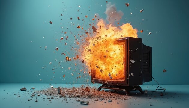 Dramatic photo of retro TV exploding with fire and debris. Dynamic image shows the moment of technological destruction and chaos with a background. Concept symbolizes media impact and loss.