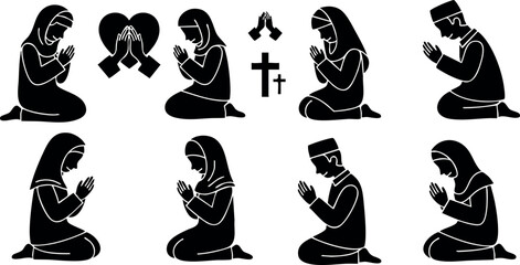 Praying people silhouettes in various poses with Christian cross symbol black vector illustration