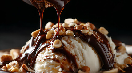 Rich Chocolate Sauce Drizzled Over Ice Cream with Nuts in Macro Shot on Dark Background