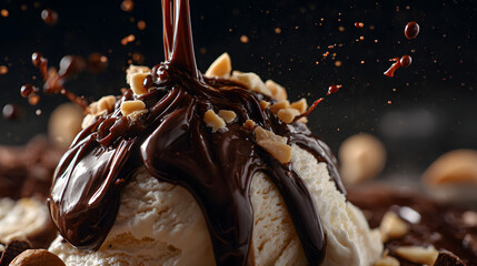 Rich Chocolate Sauce Drizzled Over Ice Cream with Nuts and Splashes in Macro Shot for Dessert Lovers