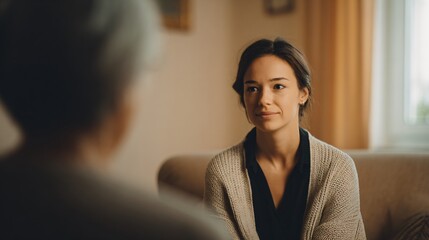 Therapeutic counseling session cozy room portrait photography warm environment close-up view compassionate listening