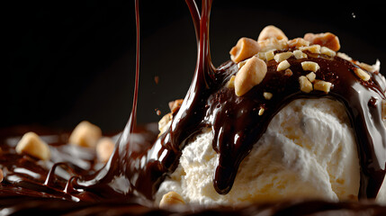 Macro Shot of Rich Chocolate Sauce Being Drizzled Over Ice Cream with Peanuts