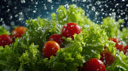Fresh Macro Shot of Vibrant Salad with Tomatoes and Crisp Greens in Water Splash Background