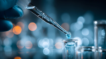 Close Up of Scientist's Hand Using Pipette to Transfer Liquid in Laboratory with Shallow Depth of Field