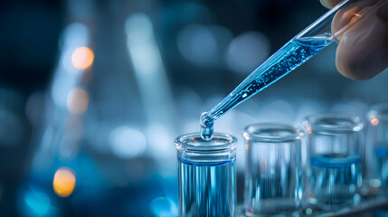 Close-Up of Scientist&rsquo;s Hand Using Pipette in Laboratory Setting with Blue Liquid in Test Tubes