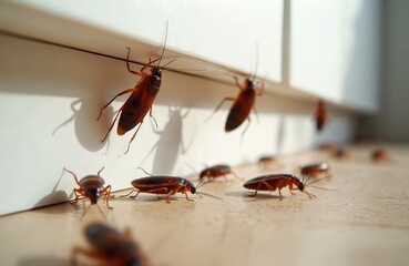Many brown cockroaches crawl on a clean floor and baseboard indoors. Pest control needed for insect infestation, unsanitary conditions, and dirt. These bugs represent disease.