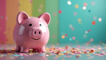 Pink piggy bank sits in confetti on colorful surface. Symbol of saving money, financial planning, childhood. Celebration idea for finance companies, banking services promotion, school projects about