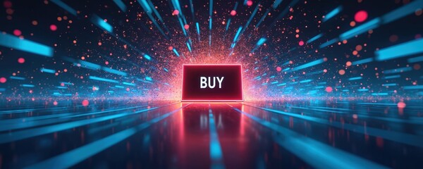 Illuminated BUY sign stands in digital space. Abstract graphic shows finance tech design. Buy symbol glows in a blue cyberspace background. Purchase asset concept with digital neon lights.