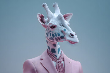 Giraffe in suit stands confidently against simple background during studio session