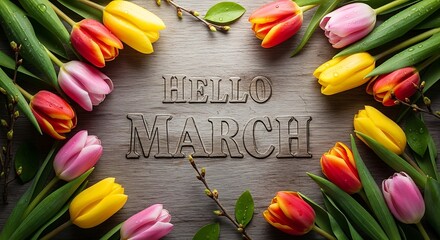 Vibrant spring tulips frame a wooden surface bearing an engraved seasonal greeting