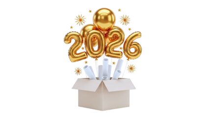 Golden 2026 Balloons Emerge from a Cardboard Box with Starbursts