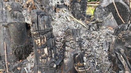 Close up of burnt wood charcoal with rough texture, ideal for energy, fire, industry, environmental impact, and raw background concepts.
