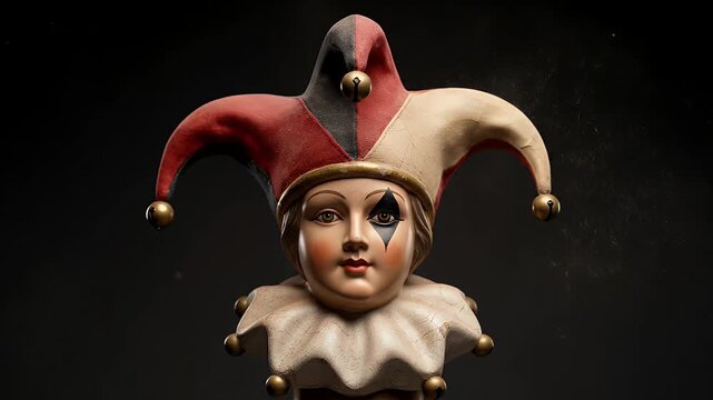 A jester doll with a harlequin hat sits against a dark background.