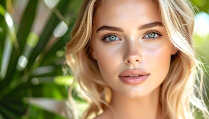 Naklejka premium A woman with blonde hair and blue eyes against lush greenery