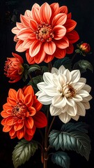 A vibrant, detailed painting of colorful dahlias on a dark background © Sarada