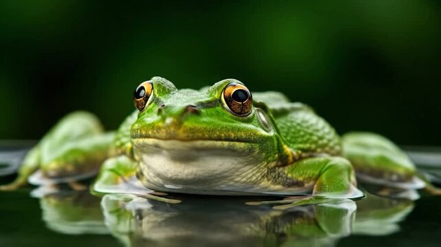Macro shot of a green frog with reflective eyes, half-submerged in water, against a dark backdrop