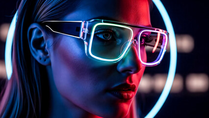 High Fashion Cyberpunk Portrait of Woman with Neon Glasses and Detail