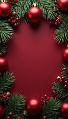 Christmas tree branches with red baubles and berries form a border on a deep red background. Empty space at center for text overlays like greeting cards or sale ads.