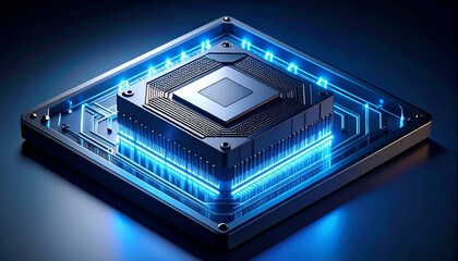 Diamond-shaped processor with glowing blue circuitry on a dark surface