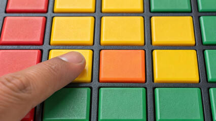 Finger pressing yellow button control panel with red green and orange keys representing ai readiness to act manufacturing robotics