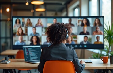Woman in front of large screen has a video call with diverse colleagues. Laptop shows the same online meeting. Team discusses project remotely via conference.