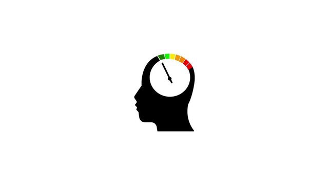 Human head silhouette with thinking meter animation. Brain activity gauge showing mental state and focus level. Abstract psychology and mindset indicator visualization. Using brain level.