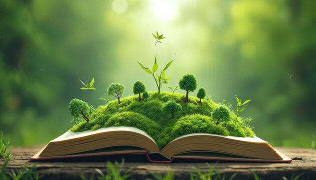 Opened book displays miniature green world with tiny trees growing from mossy hills. Knowledge brings life, nature grows from stories and imagination. Education fosters growth.