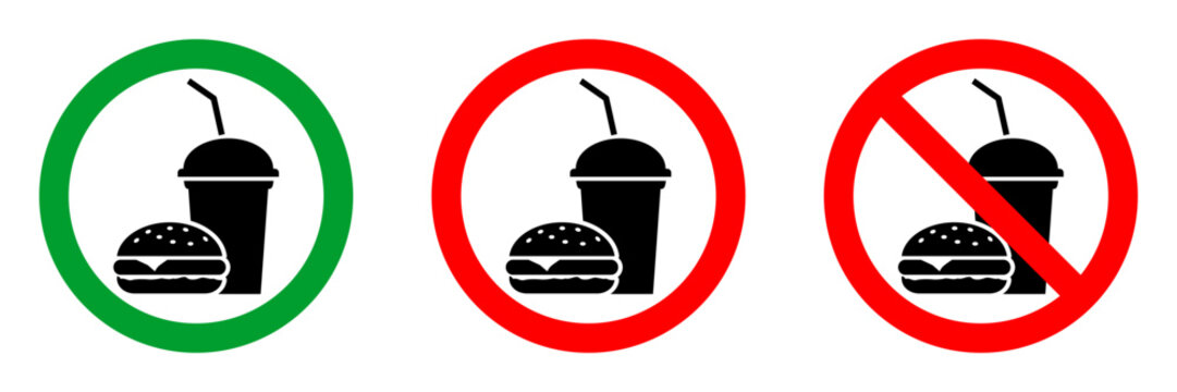 no food no drink allowed red circle sign, green allowed round vector icon, 3 pictogram collection