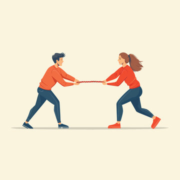 Tug of war struggle between young man and woman, vector illustration of a young people in hard concurrency pulling a rope. , vector style simple color