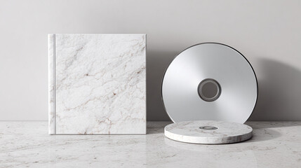 A compact disc and album, with a minimalist aesthetic and a marble surface. The disc is reflective and smooth, while the album displays the texture of stone