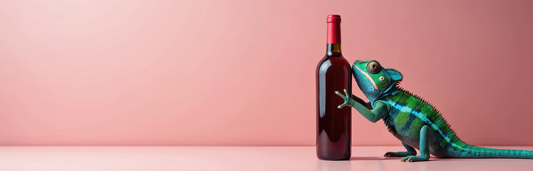 Illustration presents a chameleon near bottle of red wine. Playful visual with copy space against pastel pink background. Surreal art for branding or ads.