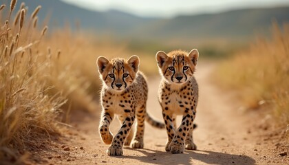 Two adorable cheetah cubs walking on a dirt road in the savanna. Young spotted cats approach the camera. Cute baby animals in a natural environment on a sunny day.
