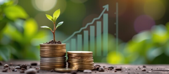 Growing plant on coins with a graph indicating financial growth.