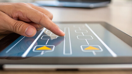 Touchscreen control panel with finger interacting for ai readiness in software and robotics act in manufacturing process
