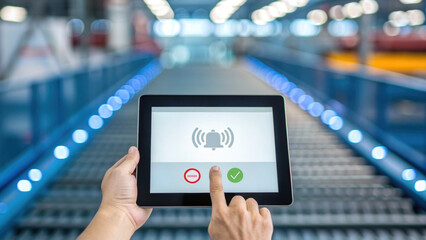 Tablet with alert notification on screen held by hand in manufacturing facility with robotics and software for ai act readiness