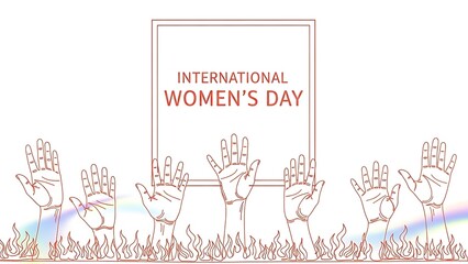 International women's day celebration with raised hands and flames on white background
