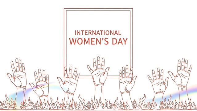 International women's day celebration with raised hands and flames on white background