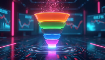 Colorful funnel shows sales process on sci-fi background. Tech concept reflects conversion, marketing. Digital tech enhances efficiency. Abstract composition represents automation, data, trends,