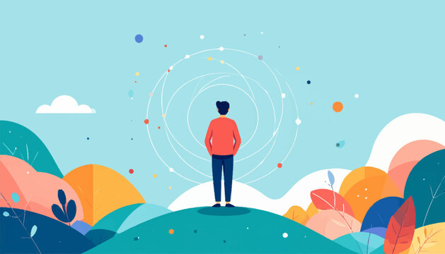 Mindful Moment A Serene Illustration of Inner Peace and Self-Discovery in a Vibrant Abstract Landscape